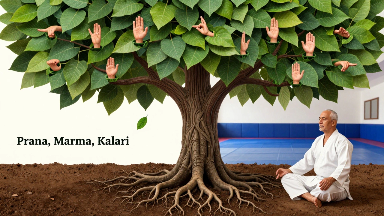 Символическое дерево, связывающее каларипаятту с кунг-фу, с корнями в Индии и ветвями в Китае и России.