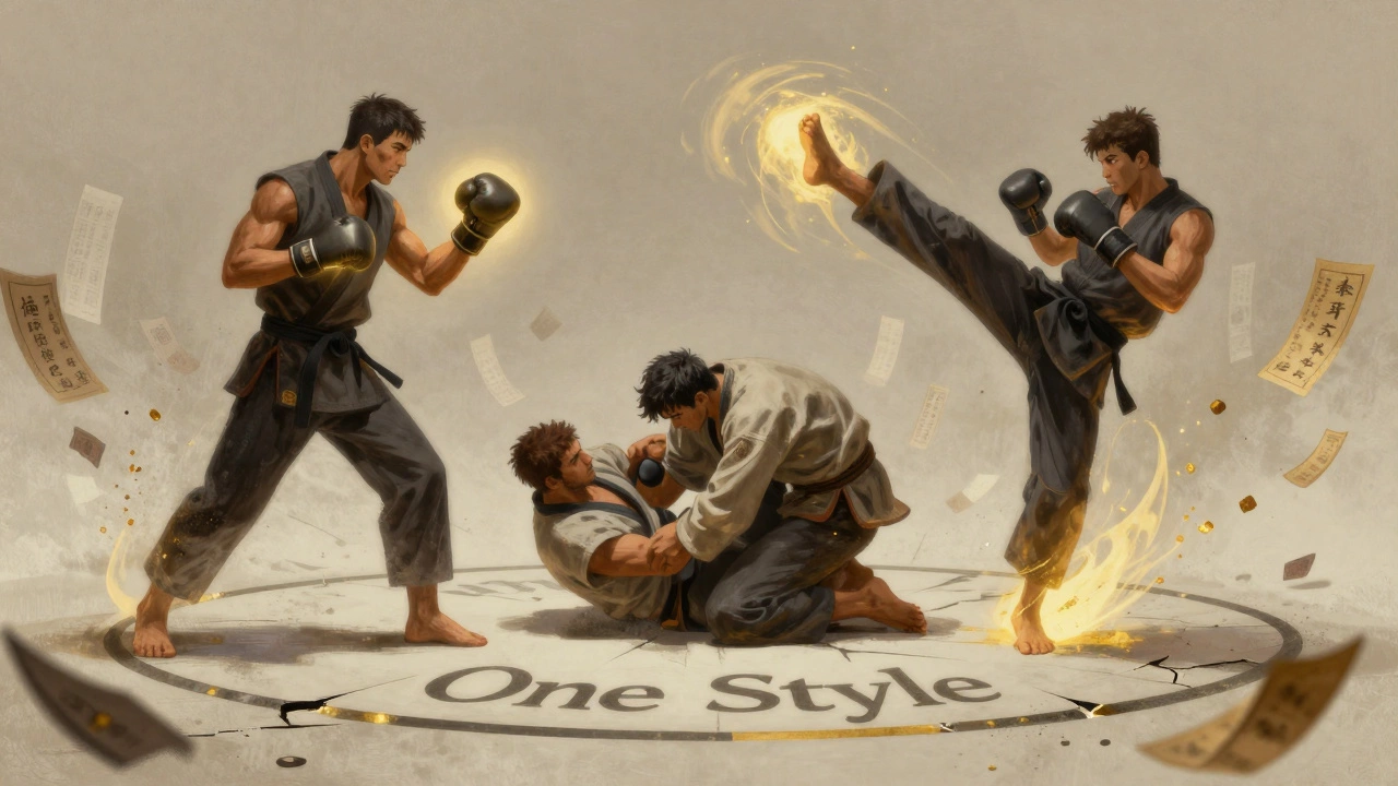 Три стиля единоборств изображены как символы на разбитом круге — бокс, джиу-джитсу и кикбоксинг.