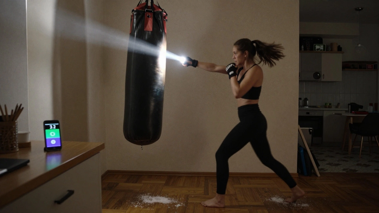 Женщина тренирует удар фонариком по мешку с песком, на полу рассыпана соль.