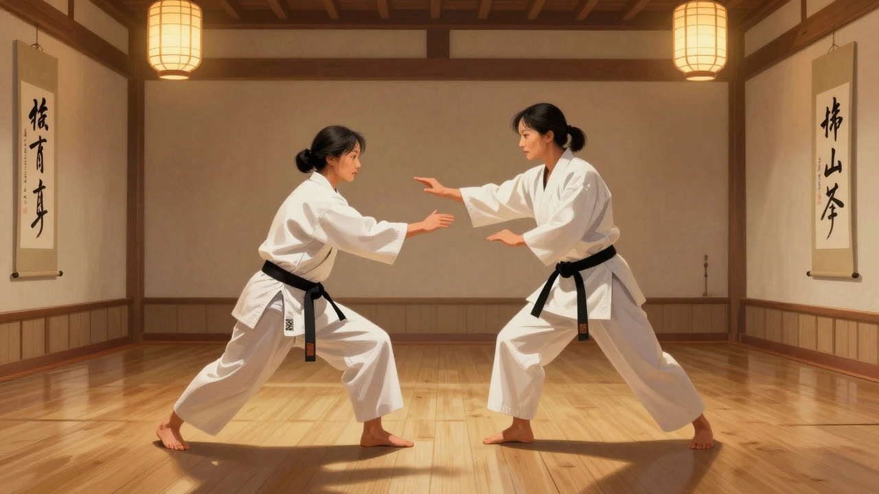 Женщина учится айкидо в додзё, мягко перенаправляя движение партнёра в атмосфере спокойствия и осознанности.