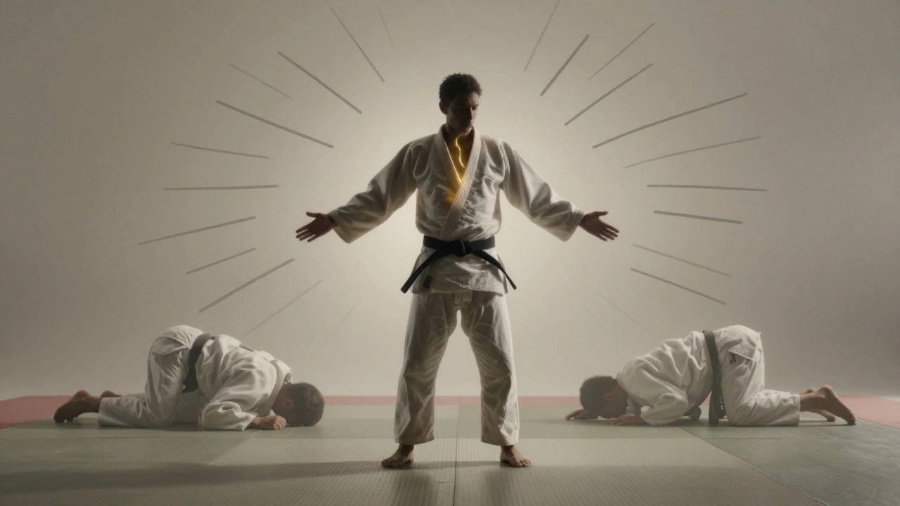 Абстрактная фигура на ковре, излучающая линии дыхания и баланса, без лиц, в земных тонах с золотой нитью вдоль спины.