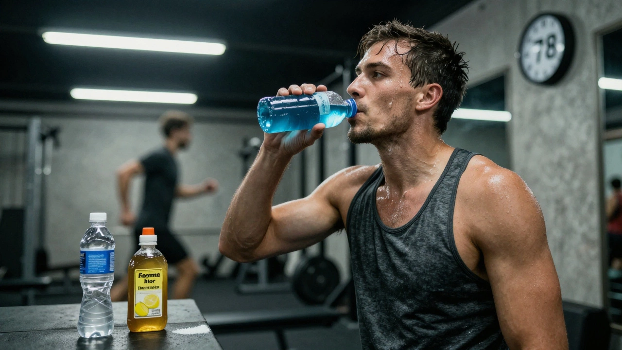 Бегун пьёт изотонический напиток в тренажёрном зале во время длительной тренировки.