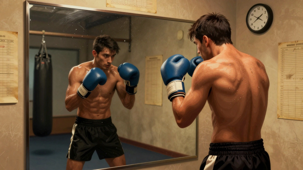 Боксёр тренируется перед зеркалом, демонстрируя правильную технику ударов с вращением бёдер.