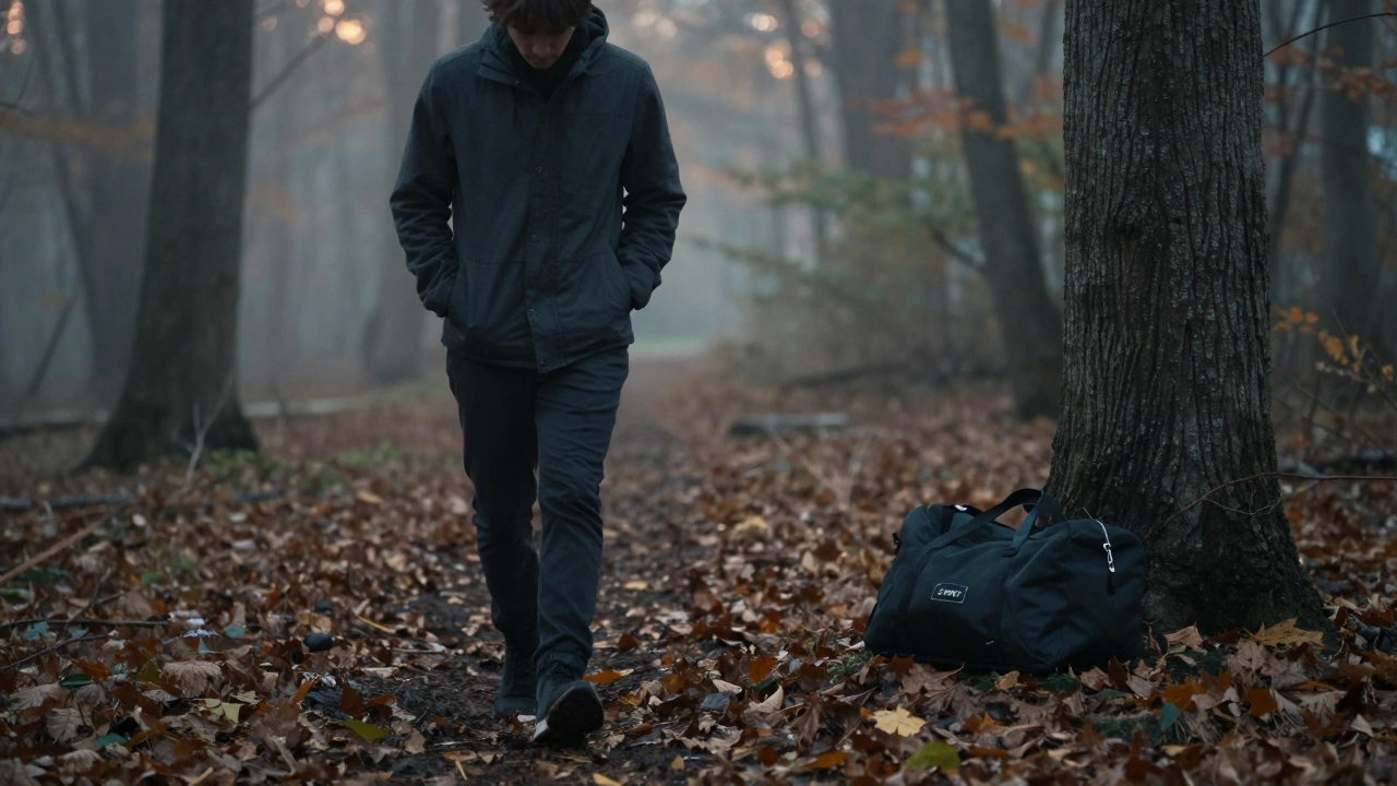 Человек медленно идёт по лесу в сумерках, оставив тренировочную сумку под деревом.