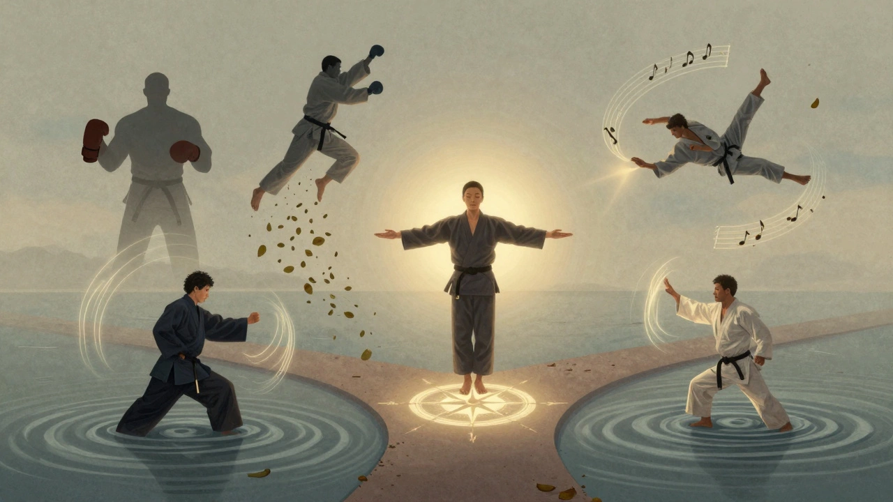 Человек на перекрестке пяти боевых искусств, символически изображенных вокруг него в виде элементов стилей.