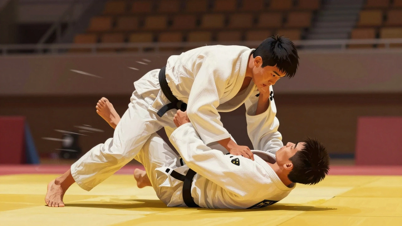 Два борца в момент броска, напряжённые позы, свет подчёркивает силу и движение.