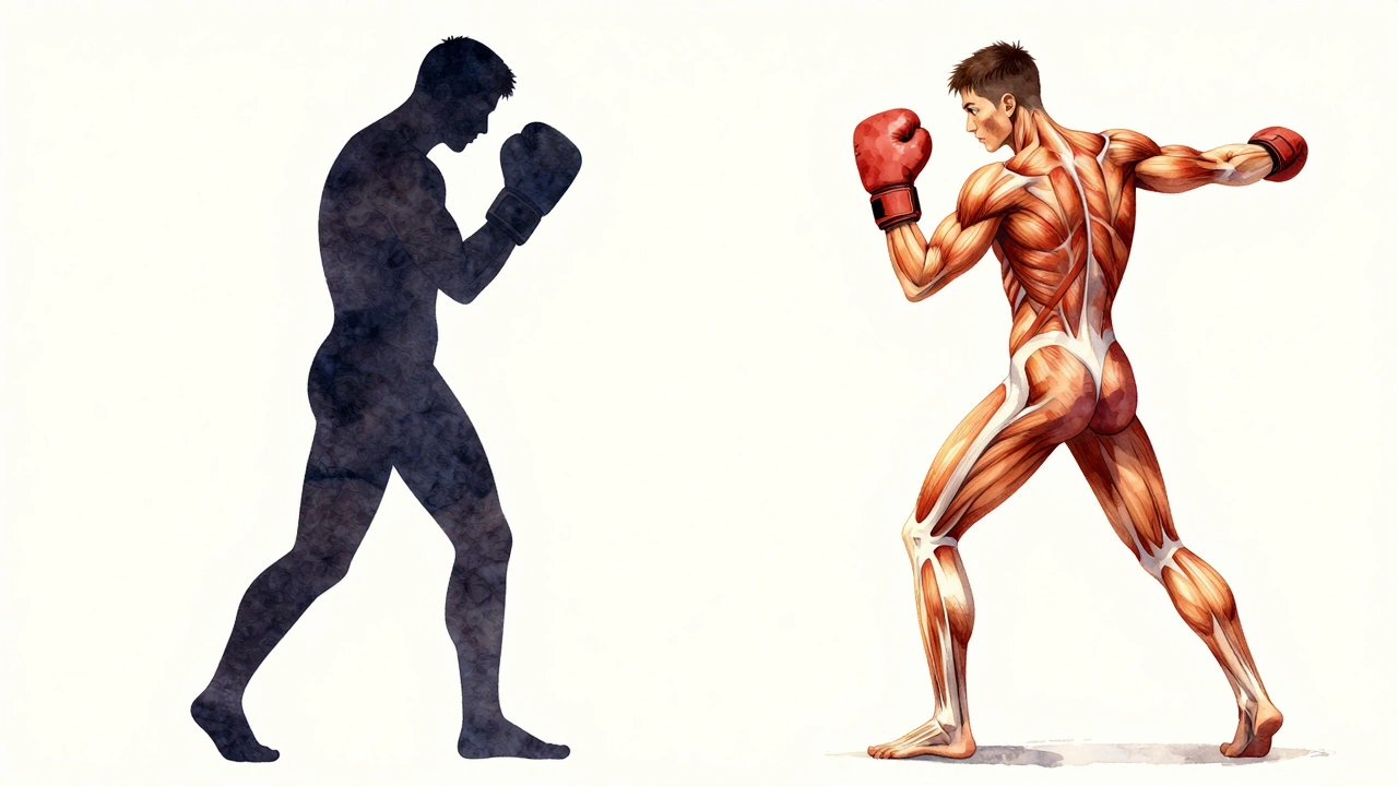 Два силуэта: один расслабленный, другой — подтянутый с акцентом на мышцы корпуса и ног.