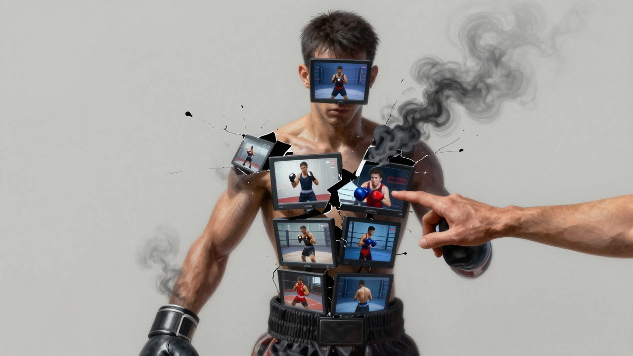 Фигура из видеоэкранов с трещинами, из которых идёт дым, а рука тренера держит её за плечо.