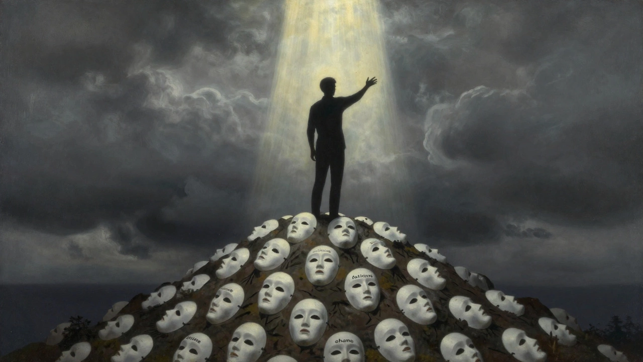 Фигура стоит на куче масок страхов, рука тянется к свету — символ преодоления.