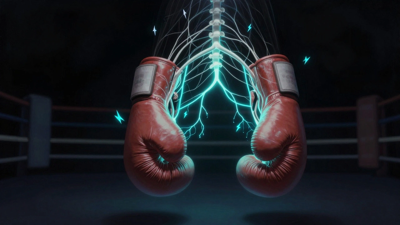 Концептуальное изображение нервных импульсов, питающих скорость рук боксёра, в виде светящихся линий на перчатках.