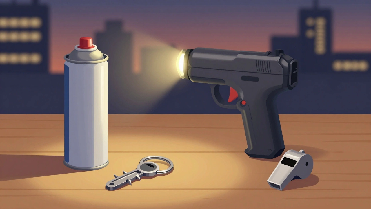 На деревянной поверхности лежат четыре легальных средства самообороны: баллончик, электрошокер, ключи и свисток.