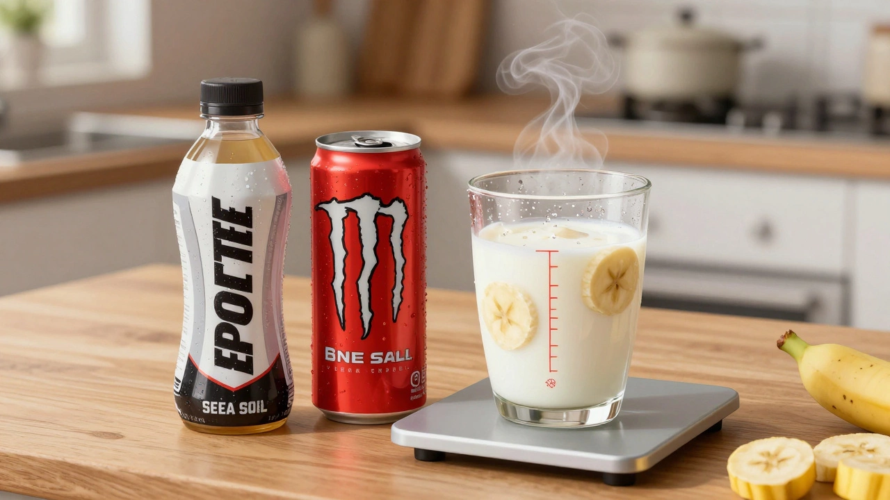 На кухонном столе три напитка: спортивный, энергетик и домашний смузи из банана и молока.