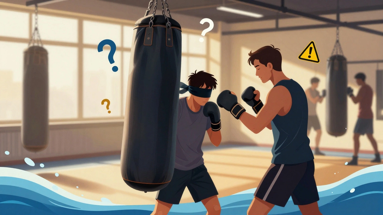 Новичок бьёт мешок с закрытыми глазами под наблюдением тренера.