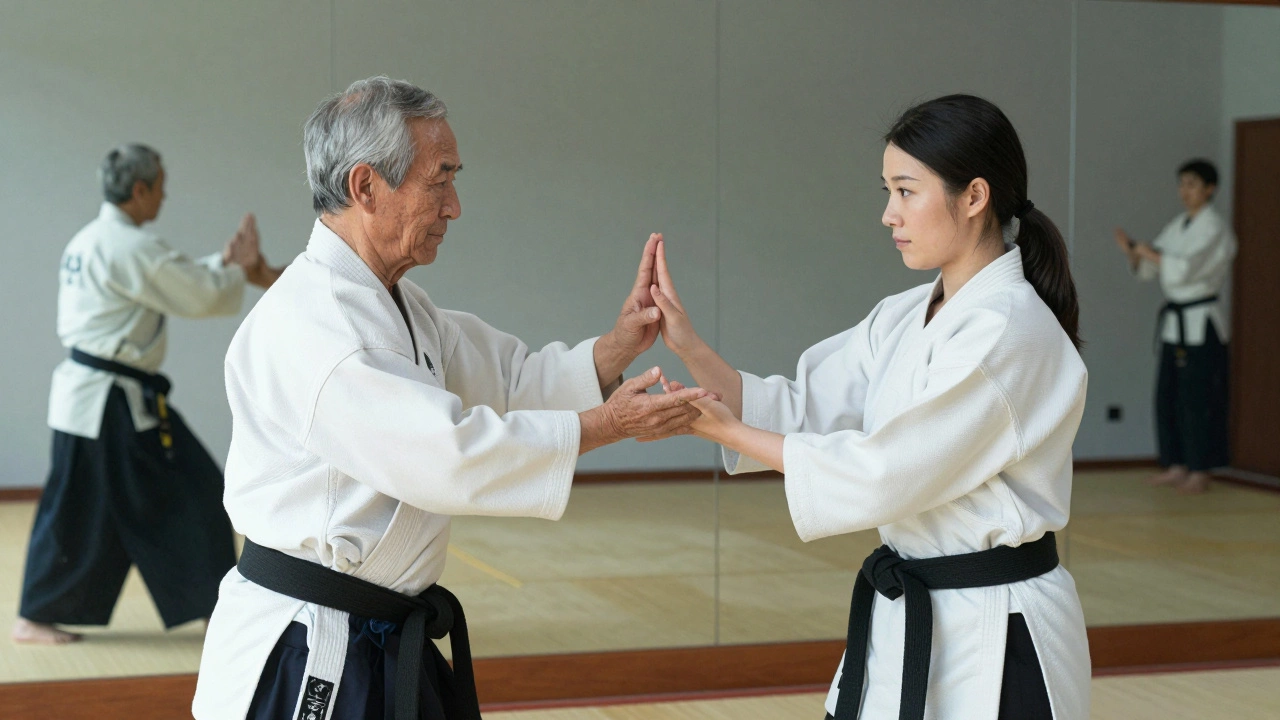 Пожилой мужчина и молодая женщина практикуют айкидо вместе, их движения мягкие и гармоничные.