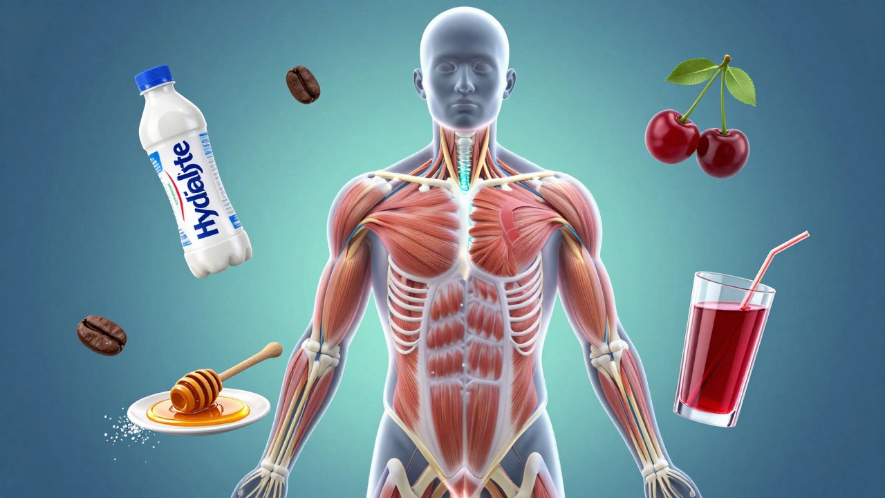 Прозрачная схема тела с потоками воды и электролитов, окруженная напитками для выносливости.