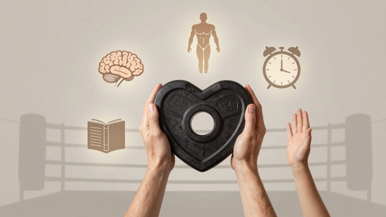 Руки тренера держат гирю в форме сердца, окружённую символами обучения и восстановления.