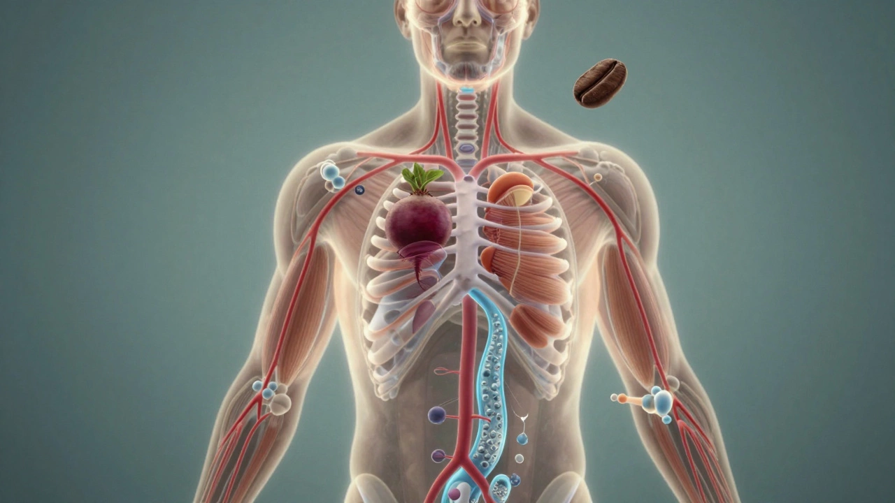 Схема тела с потоками воды, кофеина, нитратов и белка, подчеркивающими восстановление.