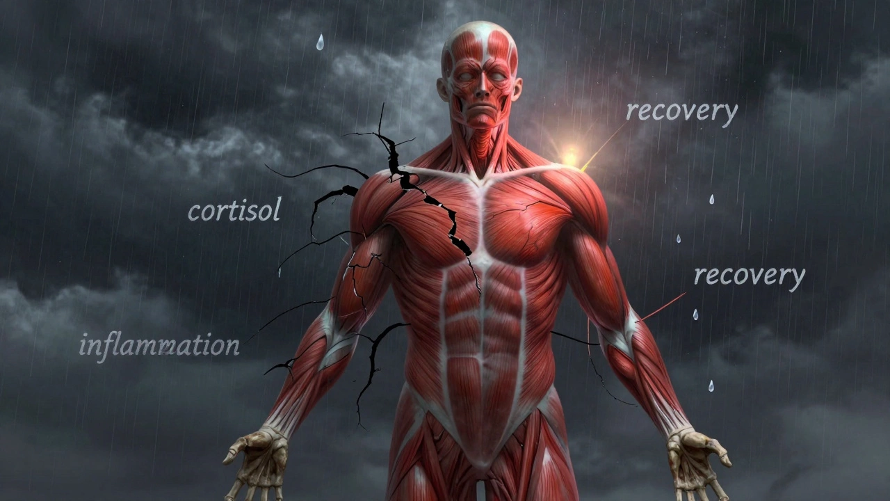 Тело с треснувшими мышцами и тенденциями воспаления, символизирующее перетренированность.