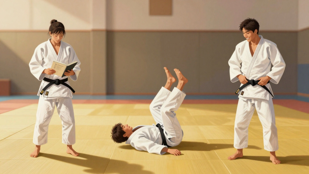 Три человека разных возрастов тренируются в одном зале, символизируя долгий путь в дзюдо с течением времени.