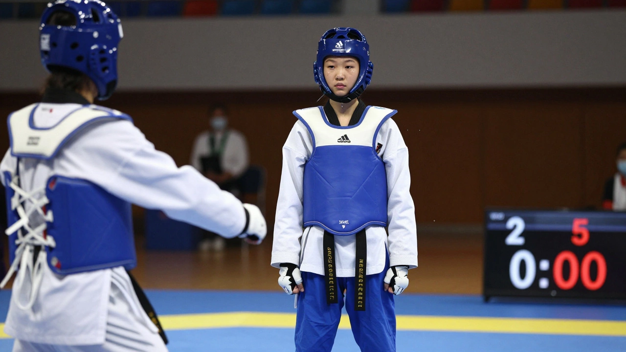 Young female taekwondo fighter standing still at match's final second.