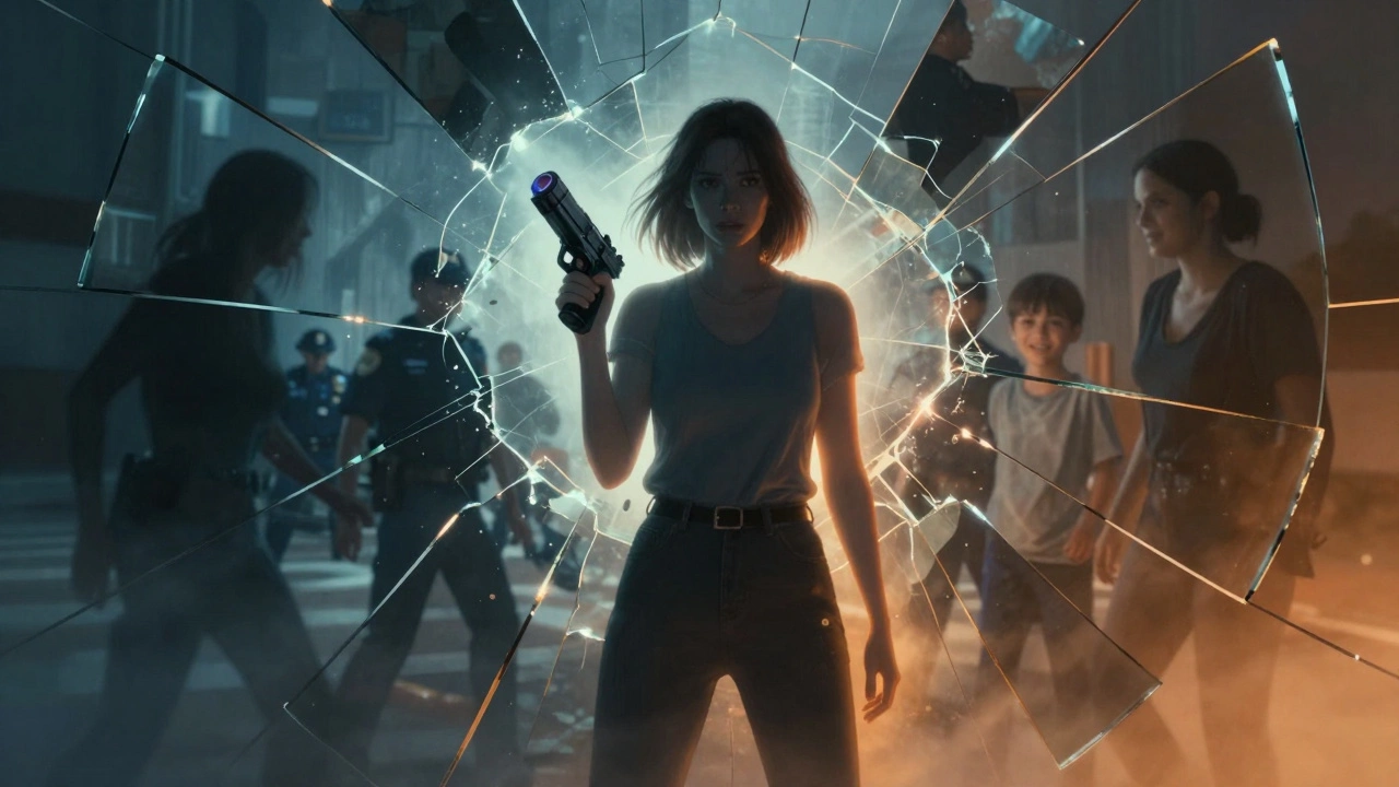 Женщина стоит перед разбитым зеркалом, в осколках которого видны сцены защиты, спасения и уверенности.