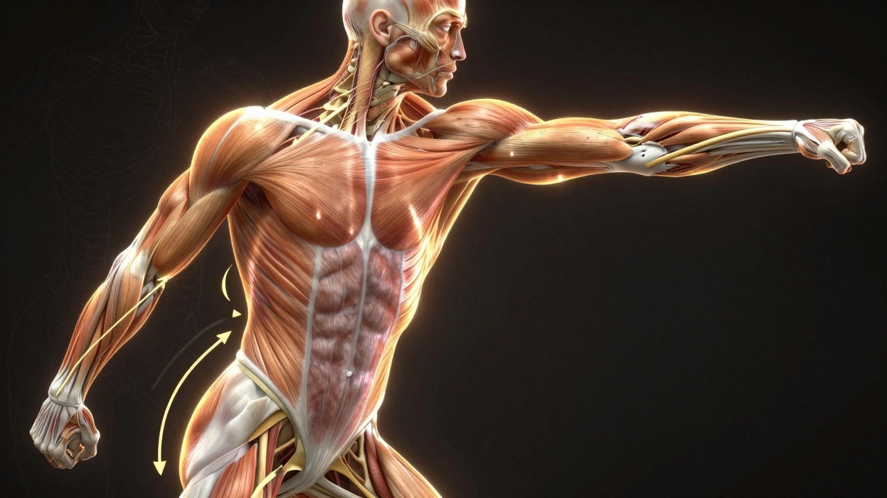 Анатомическая иллюстрация глубоких мышц корпуса, генерирующих силу удара в боксе.