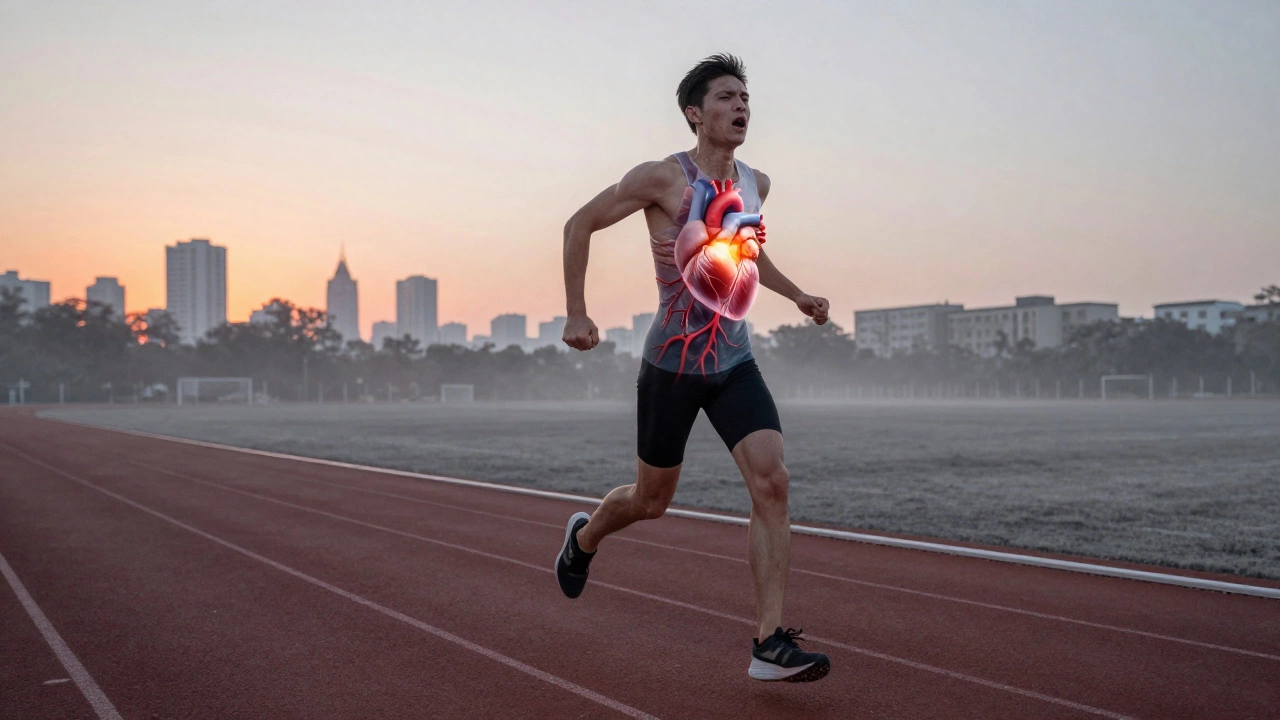 Бегун останавливается, дыша с трудом, а внутри его груди видны уменьшающееся сердце и сжимающиеся сосуды.