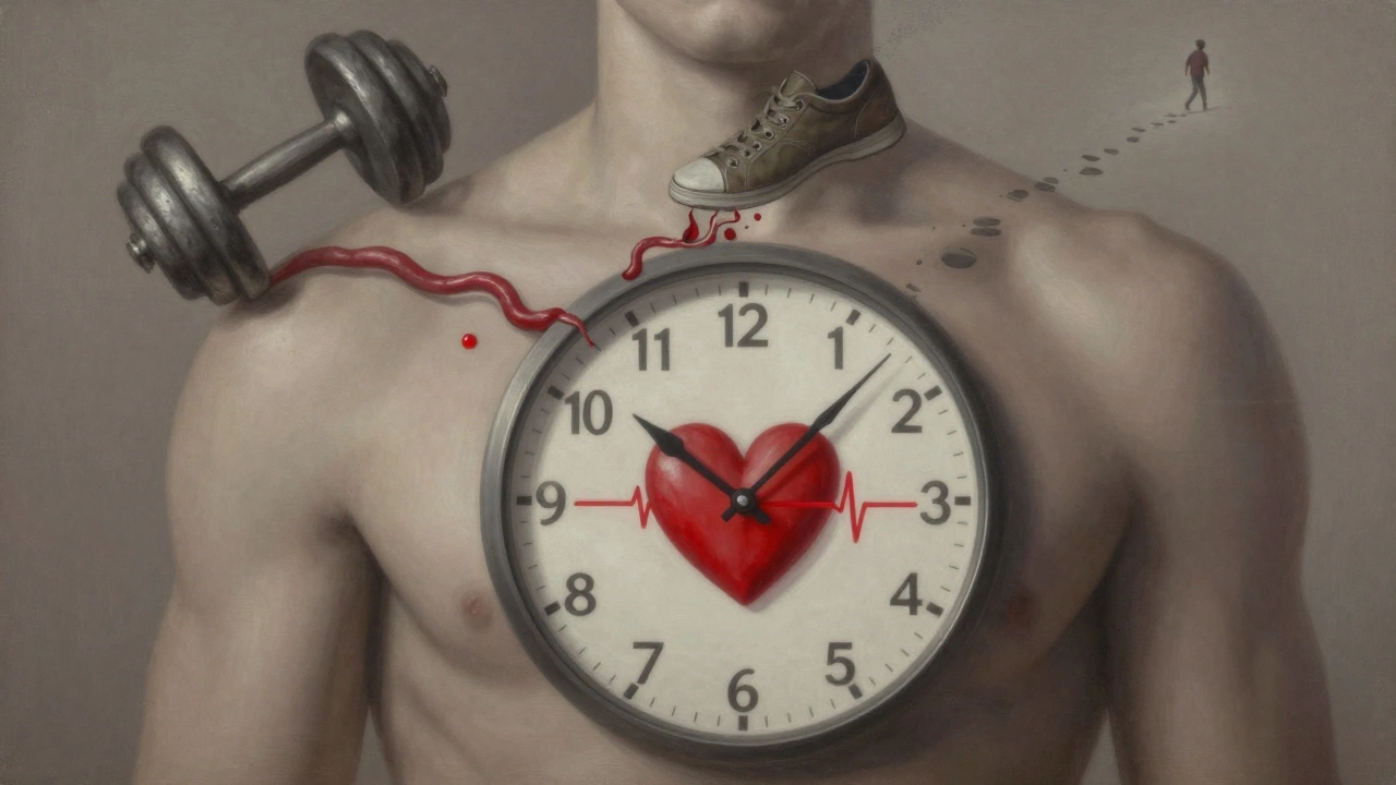 Часы внутри груди отсчитывают обратный отсчет, пока сердце теряет свою форму — символ последствий резкого отказа от спорта.