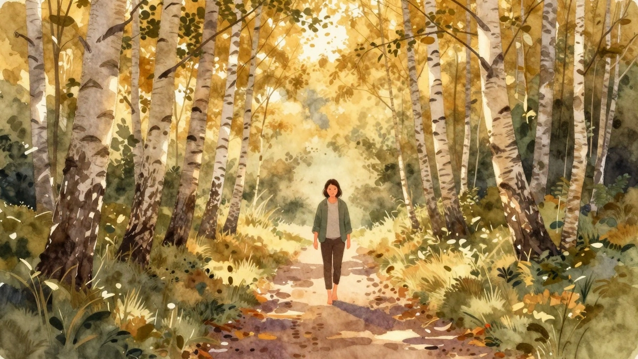 Человек босиком гуляет по лесной тропе на закате