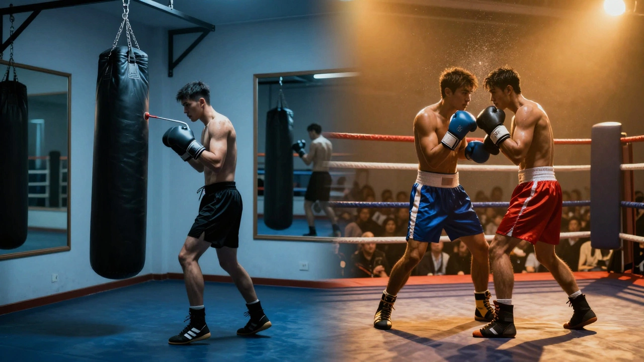 Два стиля бокса: одиночная тренировка дома и спарринг в зале, разделённые светом
