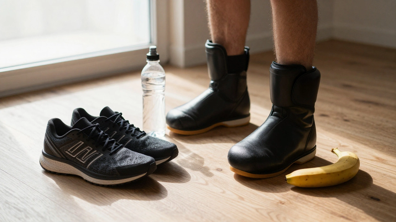 Две пары обуви: кроссовки и боксёрские ботинки — правильный выбор подчёркнут светом.