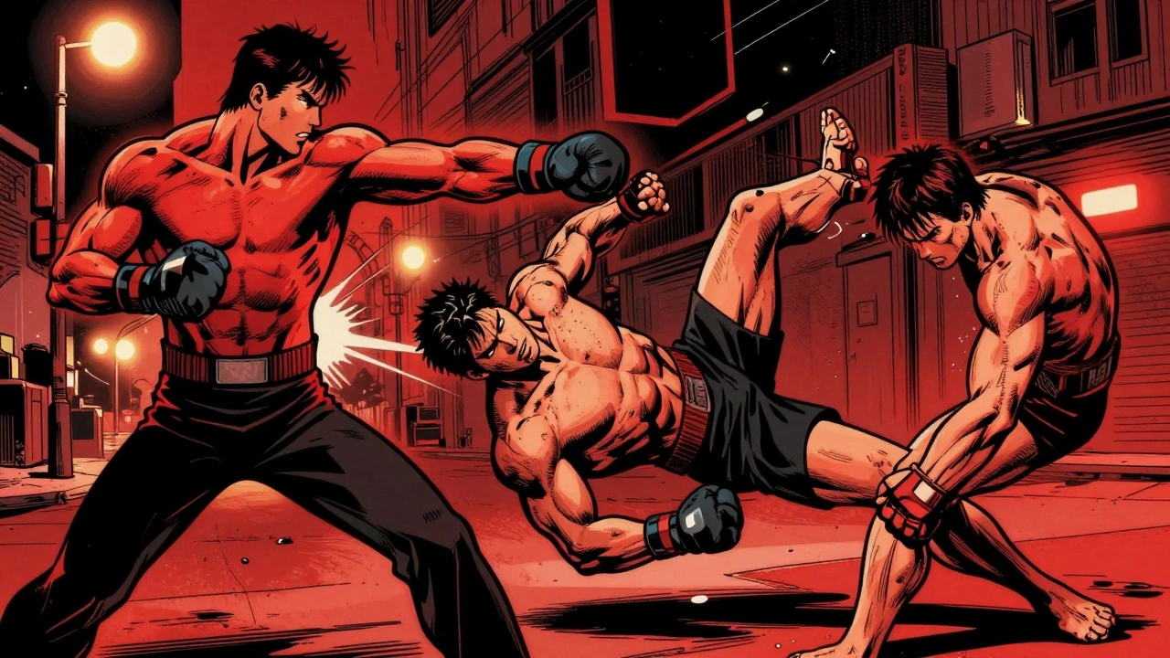 Композиция самообороны: удар в солнечное сплетение, сбивание с ног и удар по колену — все в одном движении.