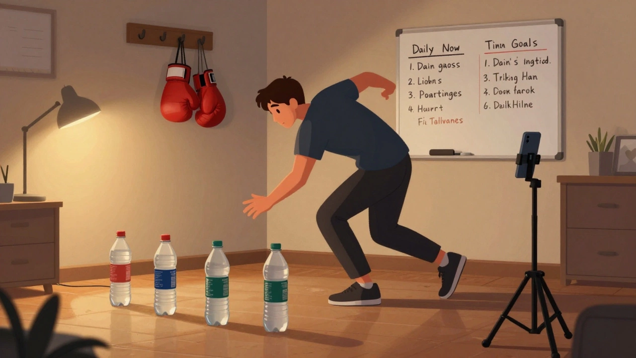 Мужчина уклоняется от бутылок, тренируя реакцию и движение в домашних условиях