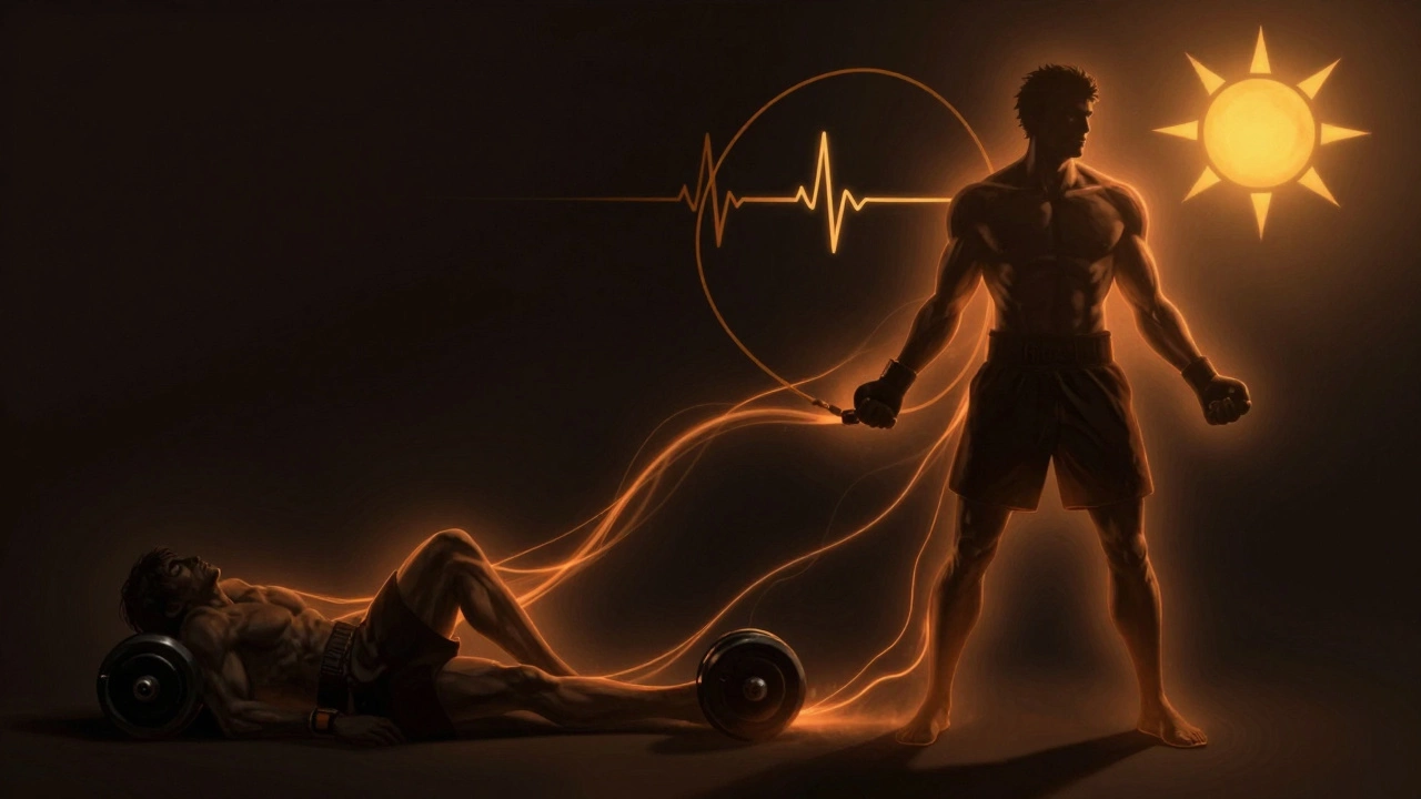 Силуэт человека, превращающийся от усталости к силе: слева — тяжесть, справа — энергия бокса, светящиеся элементы вокруг.