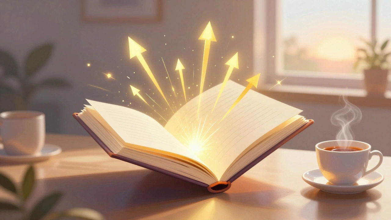 Светящийся дневник на столе с чашкой чая и рассветом за окном