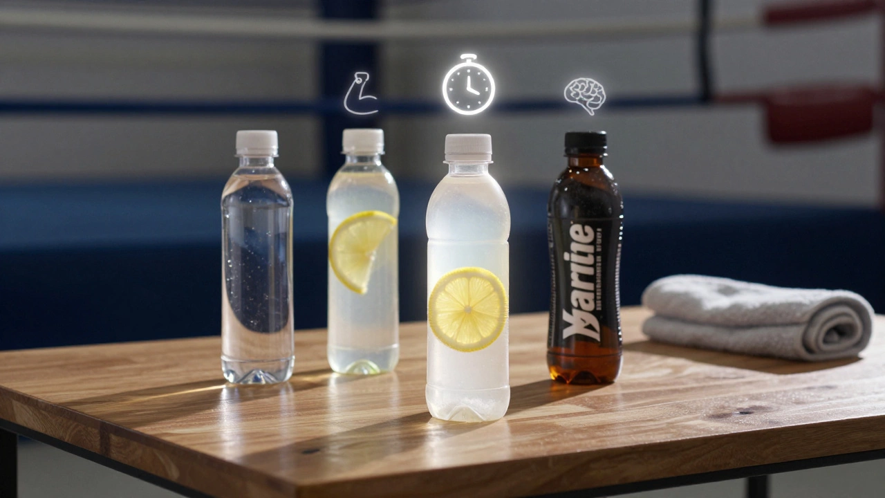 Три бутылки воды: обычная, с лимоном и солью, и спортивный напиток — лимонная версия светится.