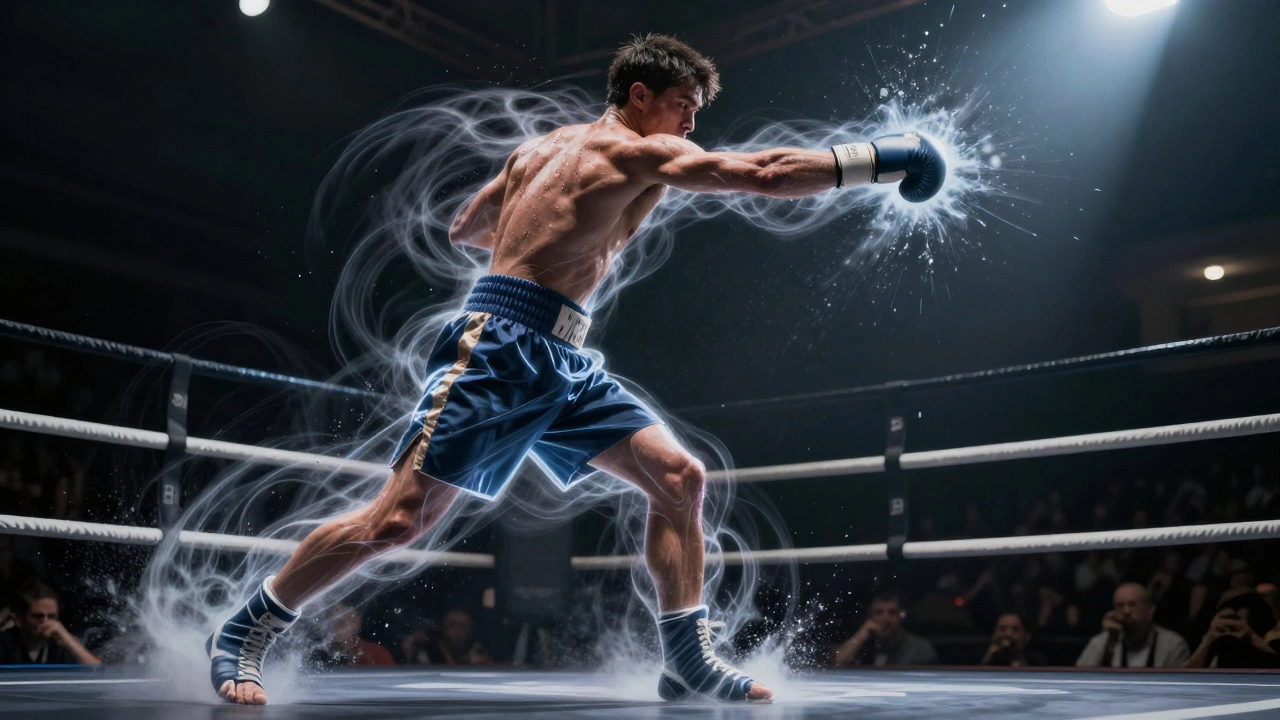 Видимые волны силы, идущие от ног через корпус к кулаку при ударе боксёра.