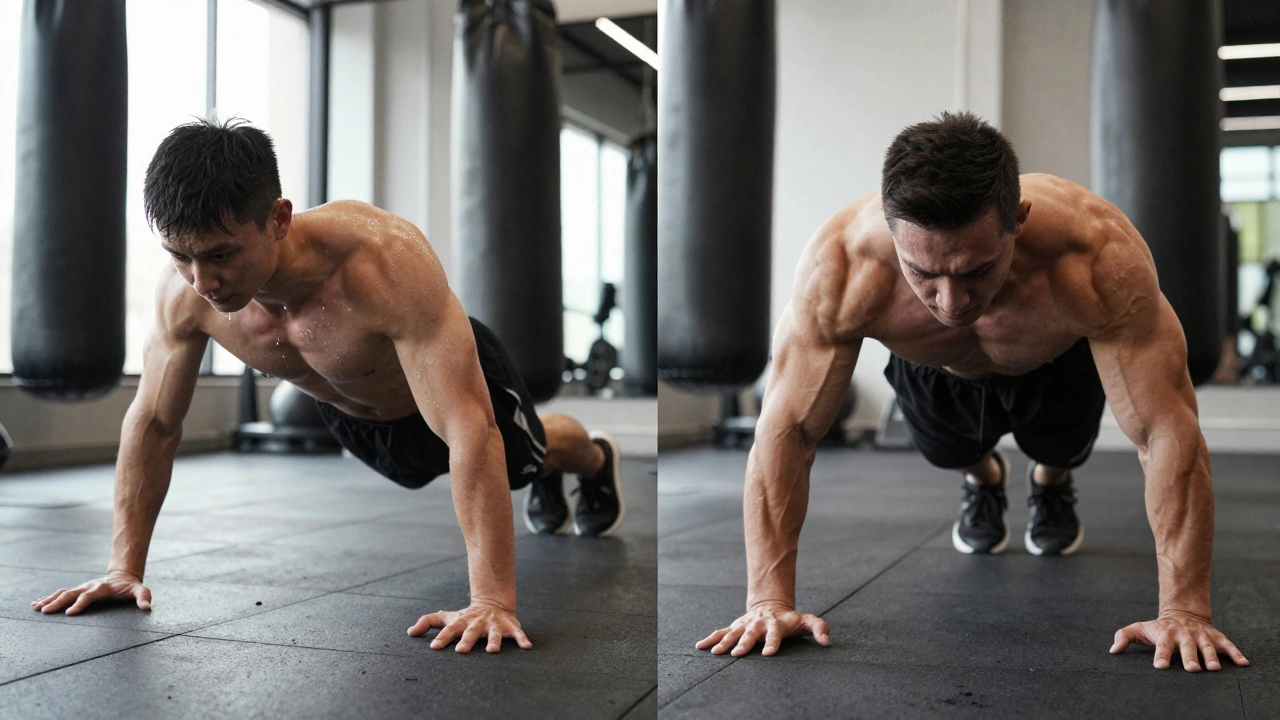 Боксёр выполняет отжимания с хлопками рядом с культуристом, подчёркивая функциональную силу.