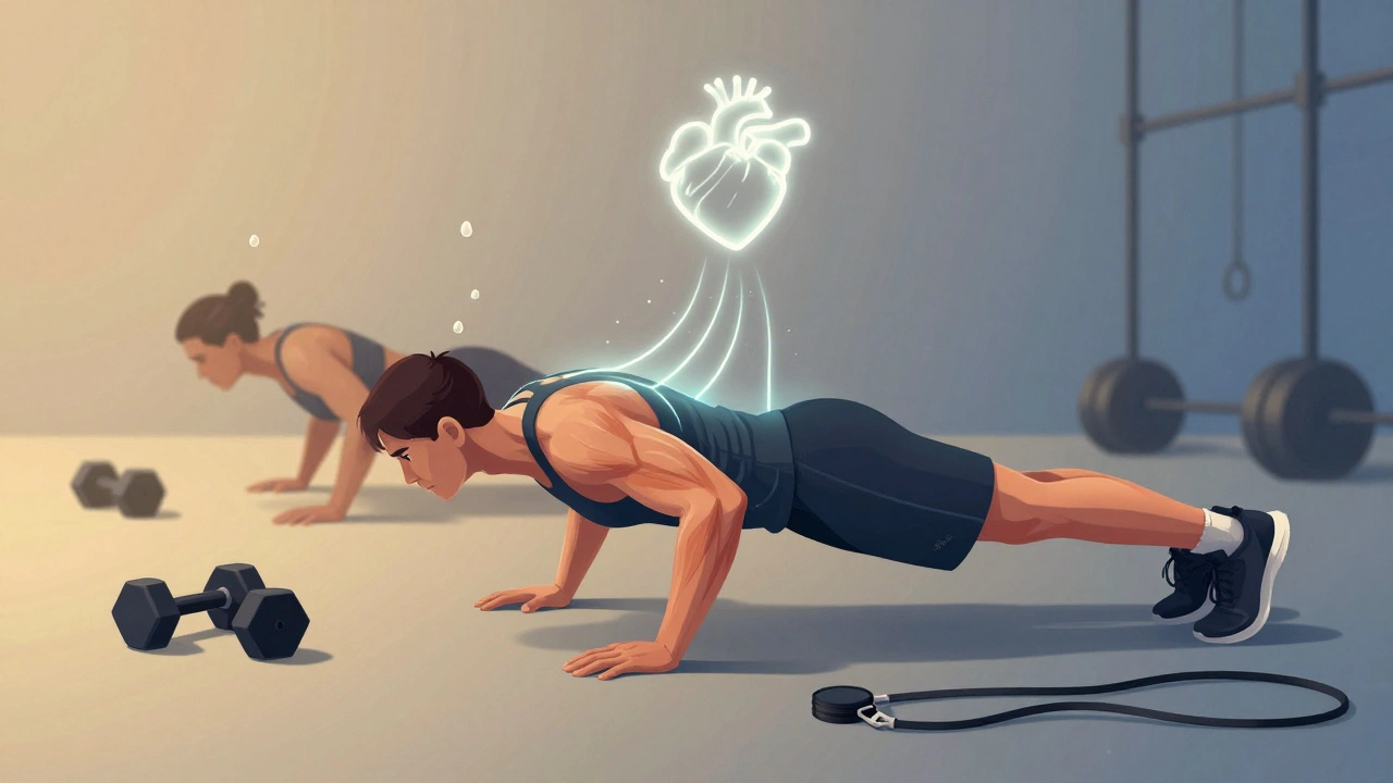 Человек делает отжимания и приседания в зале, с энергетическими линиями, соединяющими мышцы и сердце.