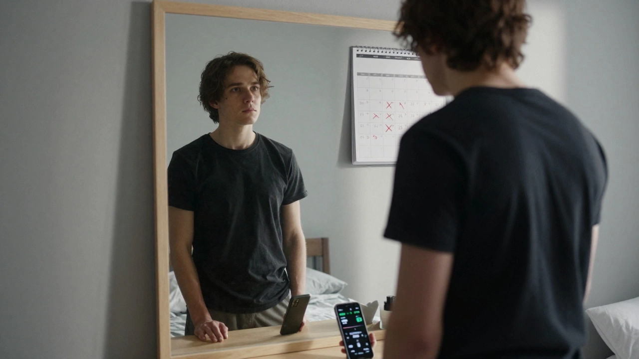 Человек смотрит в зеркало, рядом — телефон с данными тренировок и календарь с пропущенными днями.