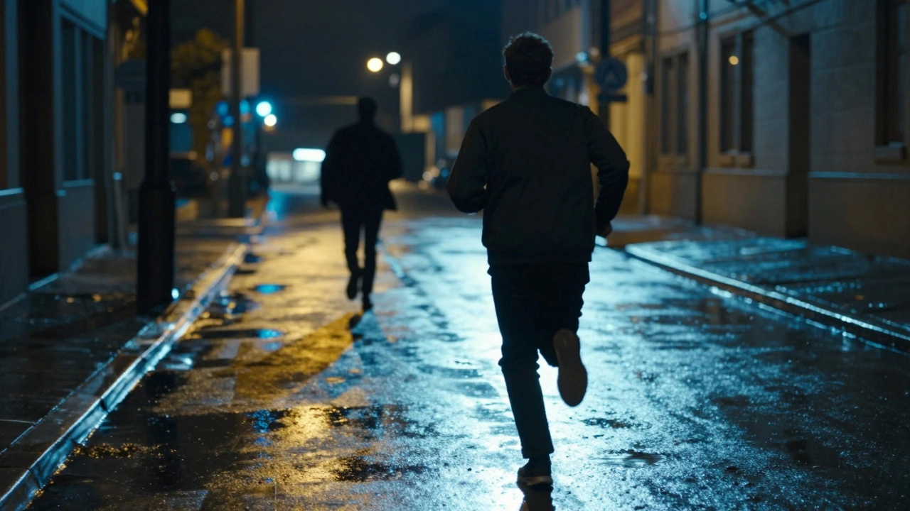 Фигура бегущего человека на фоне темного городского пейзажа