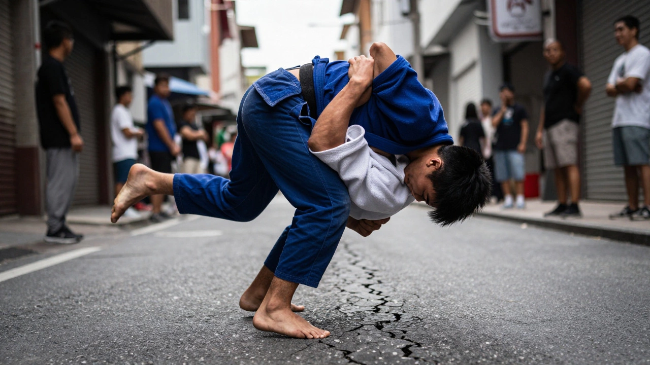 Люди в уличной обстановке: один выполняет бросок дзюдо, противник летит в воздухе над асфальтом.