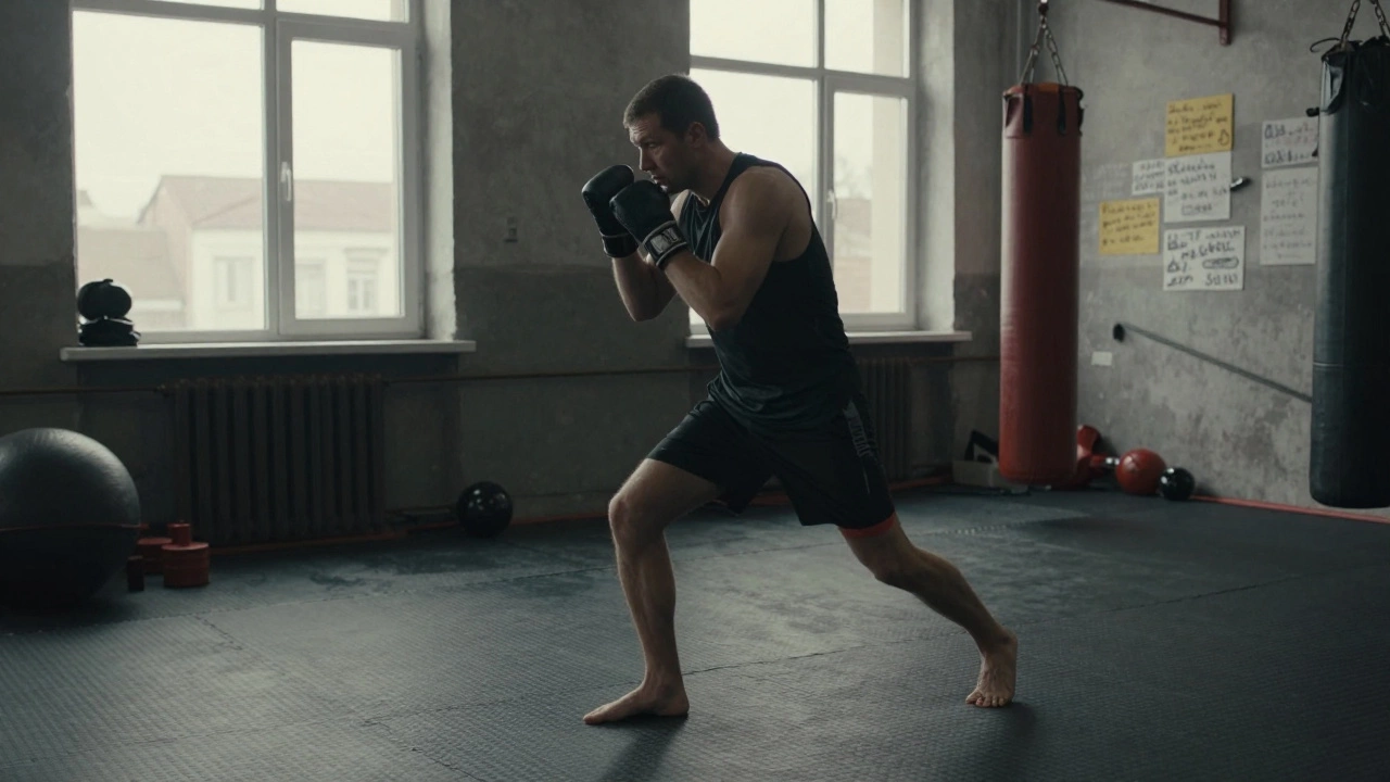 Мужчина 37 лет с травмой спины оттачивает технику без перчаток в городском зале, утренний свет через окна.