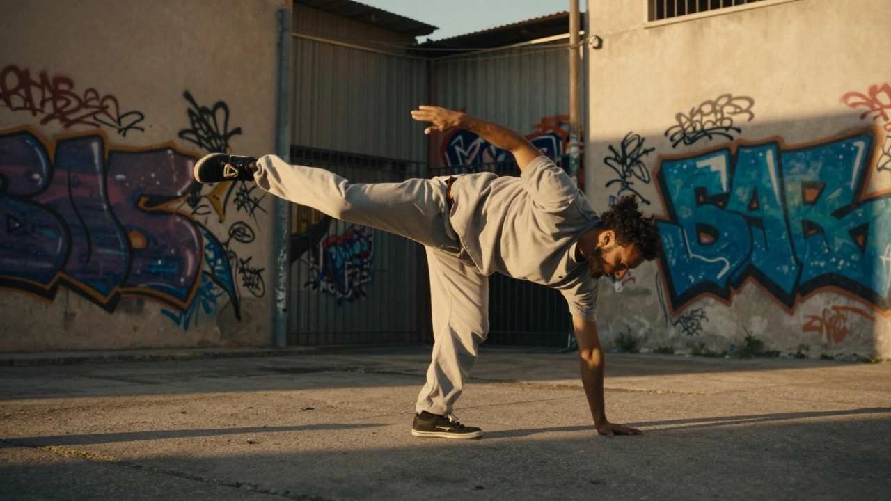 Практикующий капоэйру в узком дворе, одно движение выглядит как танец, но скрывает удар.