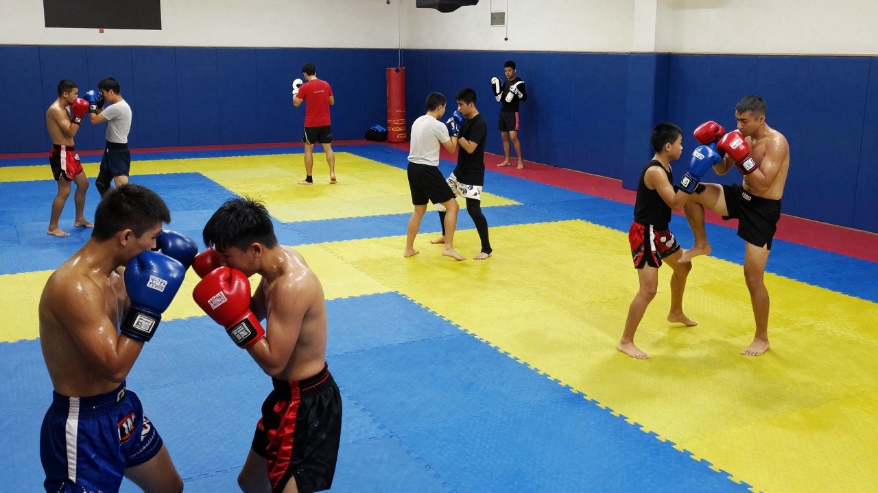 Различные группы спортсменов тренируют бокс, борьбу и удары на матах.
