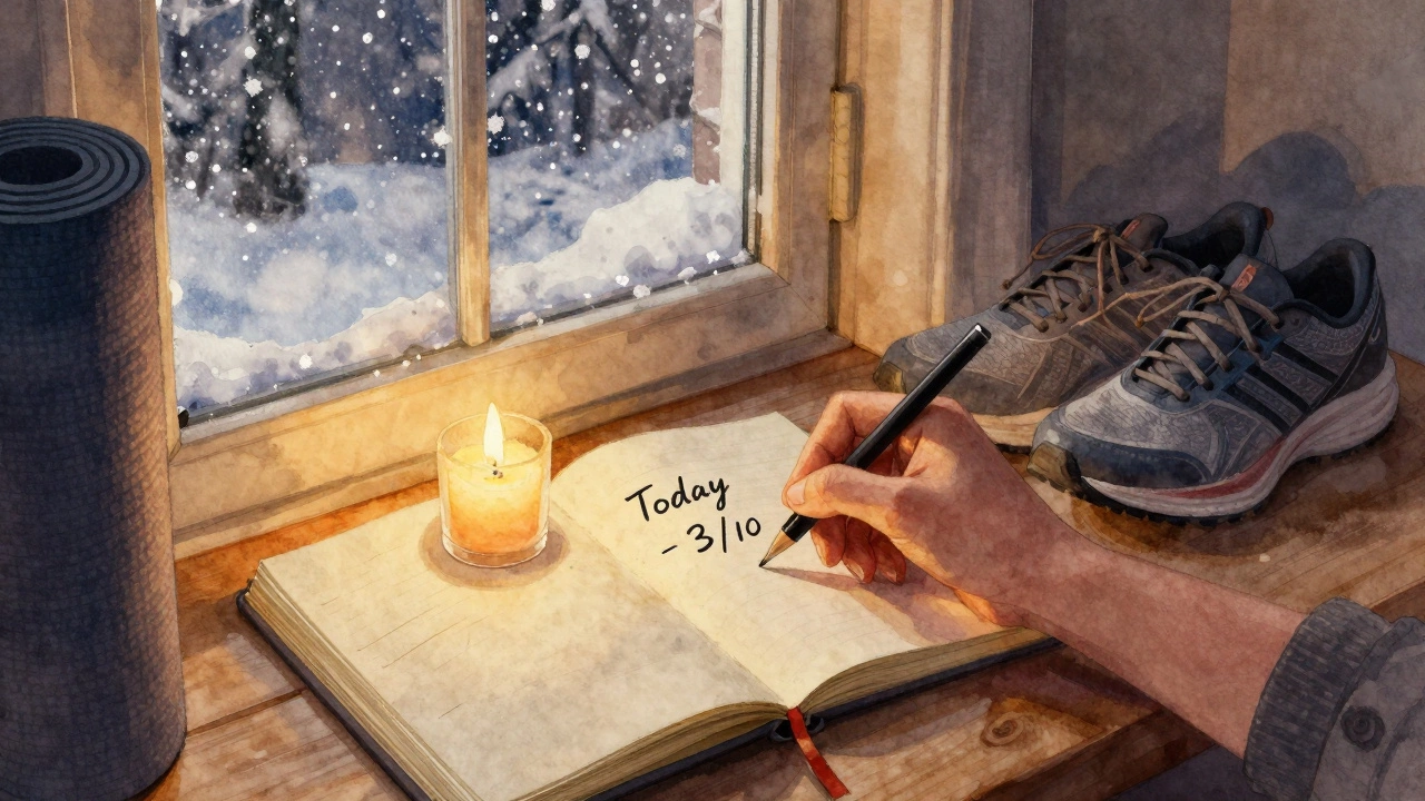 Рука пишет в дневнике: 'Сегодня — 3/10', за окном — снег, рядом лежит йога-мат.