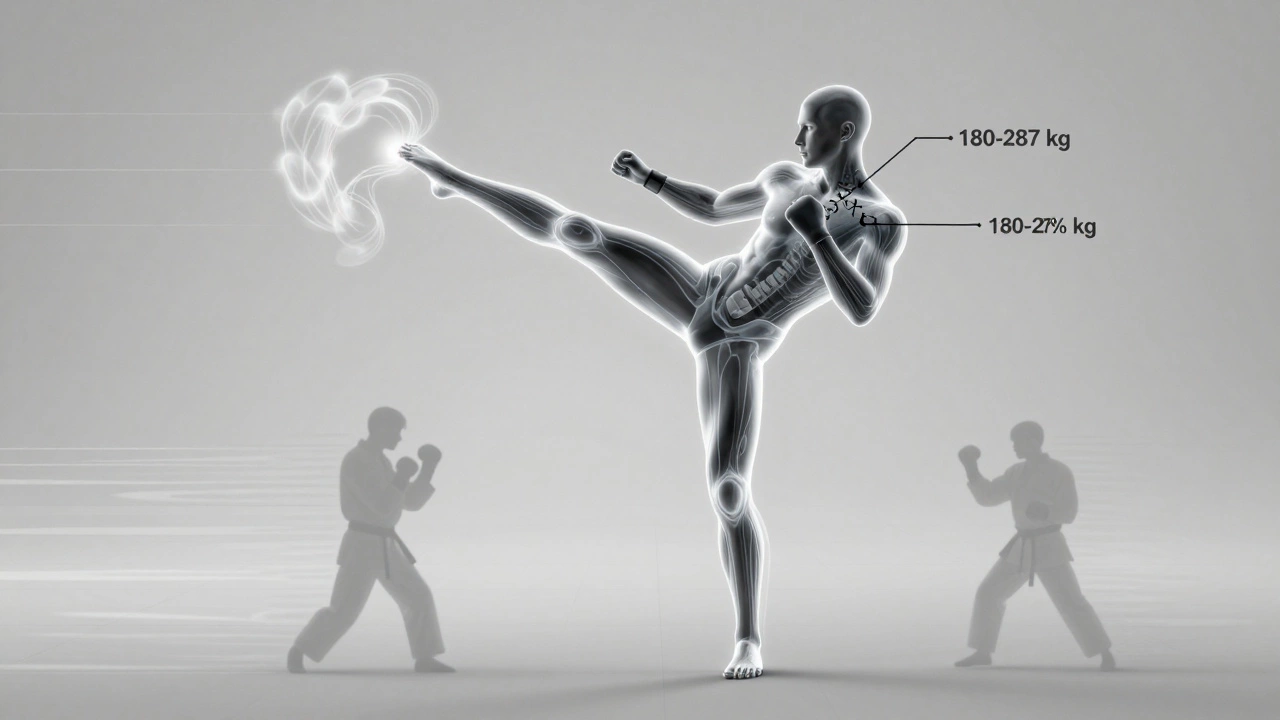 Схема передачи силы при ударе ногой: от стопы до плеча с векторами и цифрами силы.