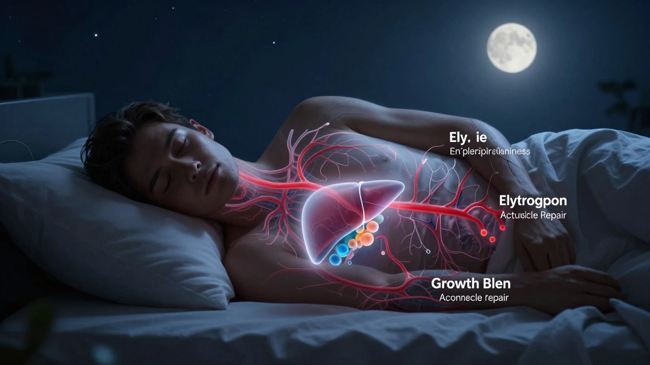 Спящий человек ночью с визуализацией восстановления крови, гликогена и гормона роста под звездным небом.