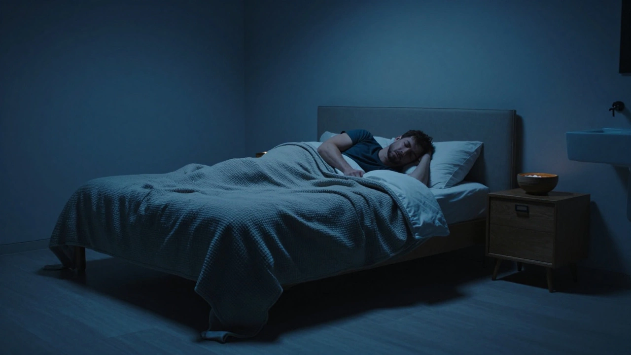 Тёмная спальня с прохладным светом, показывающая идеальные условия для глубокого сна и восстановления.