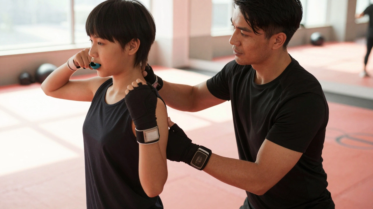 Тренер помогает новичку с техникой в безопасной и чистой спортивной секции.